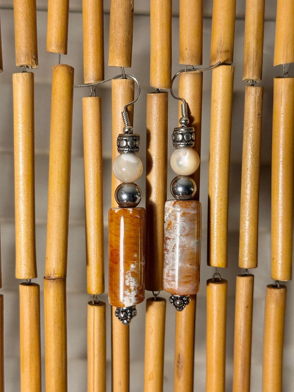 Handcrafted Orange Brown Carnelian Stone & Silver Hematite Bead Drop Earrings